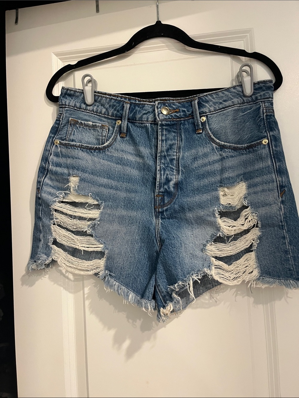 Good American Distressed Medium Blue Denim Shorts